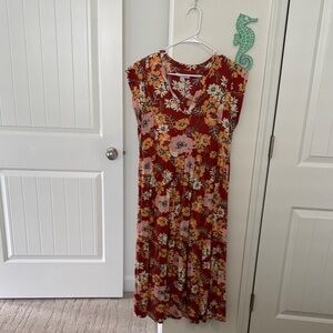 Chic Floral Midi Dress in Red and Pink